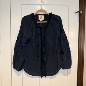 Figue Cotton Embroidered Navy Long Sleeve Blouse with Tassel Details
